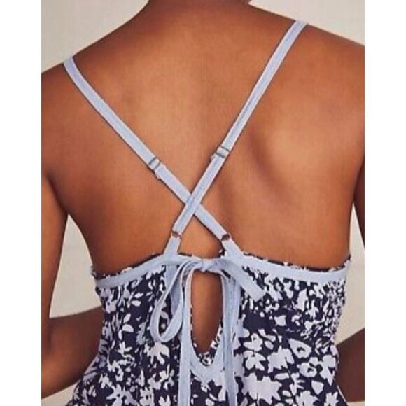 Intimately Free People Blue Floral Print Criss Cross Back Be Kind Bodysuit Sz L - Picture 3 of 9